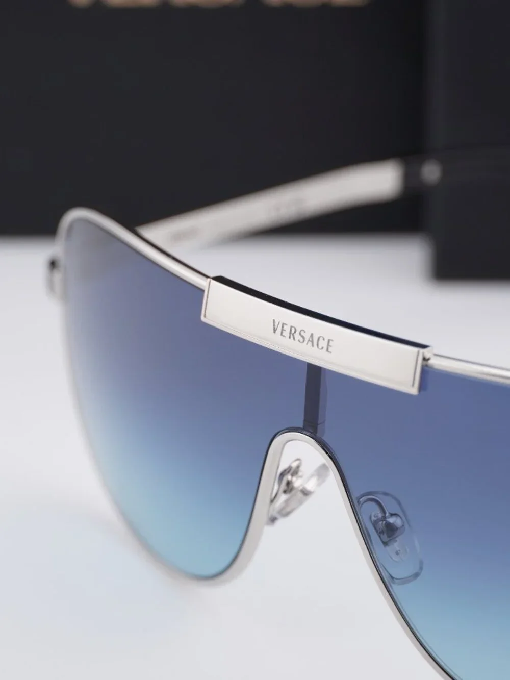 Versace VE2293 100019 Shield Sunglasses – Silver / Blue
